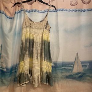 Green, yellow and white tie-dye dress with lace.